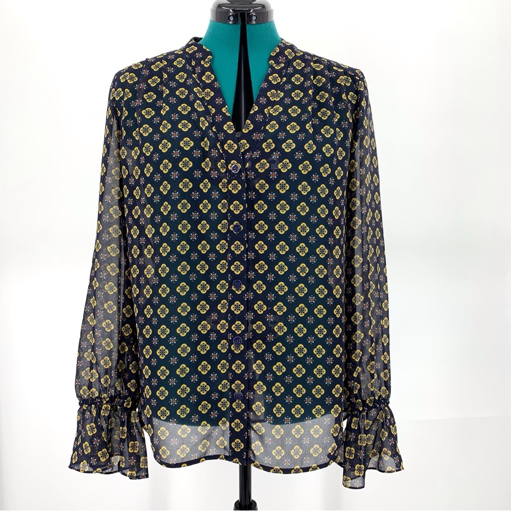 Cabi Mosaic Blouse # 3772, Medallion Print Collarless Bell Sleeve Blouse, Medium